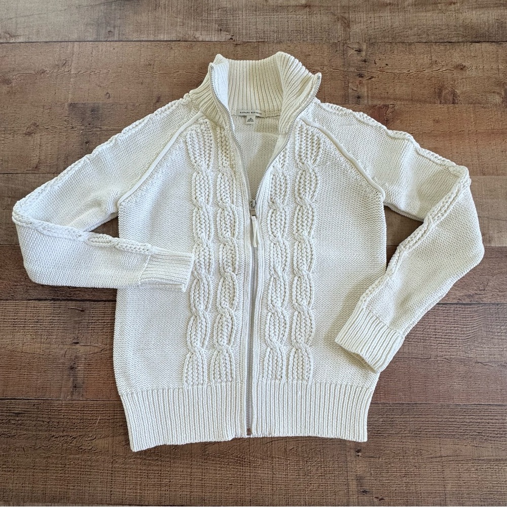 Banana Republic Full Zip Sweater Jacket  Cream Cable Knit Thick Cotton Blend MED